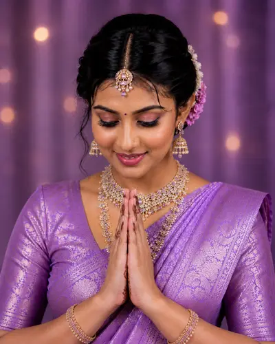 Bride in royal blue silk saree with layered temple gold necklace