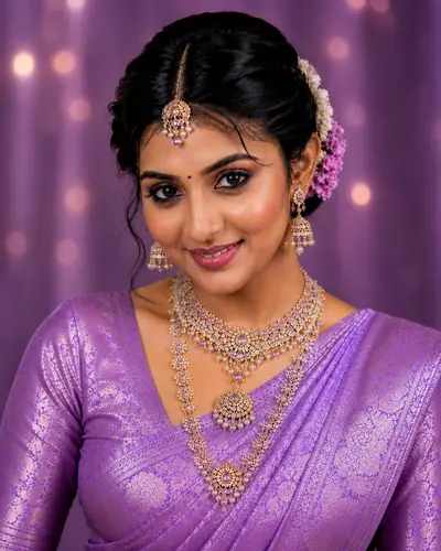 Bride in green silk saree with gold choker necklace and jhumka earrings